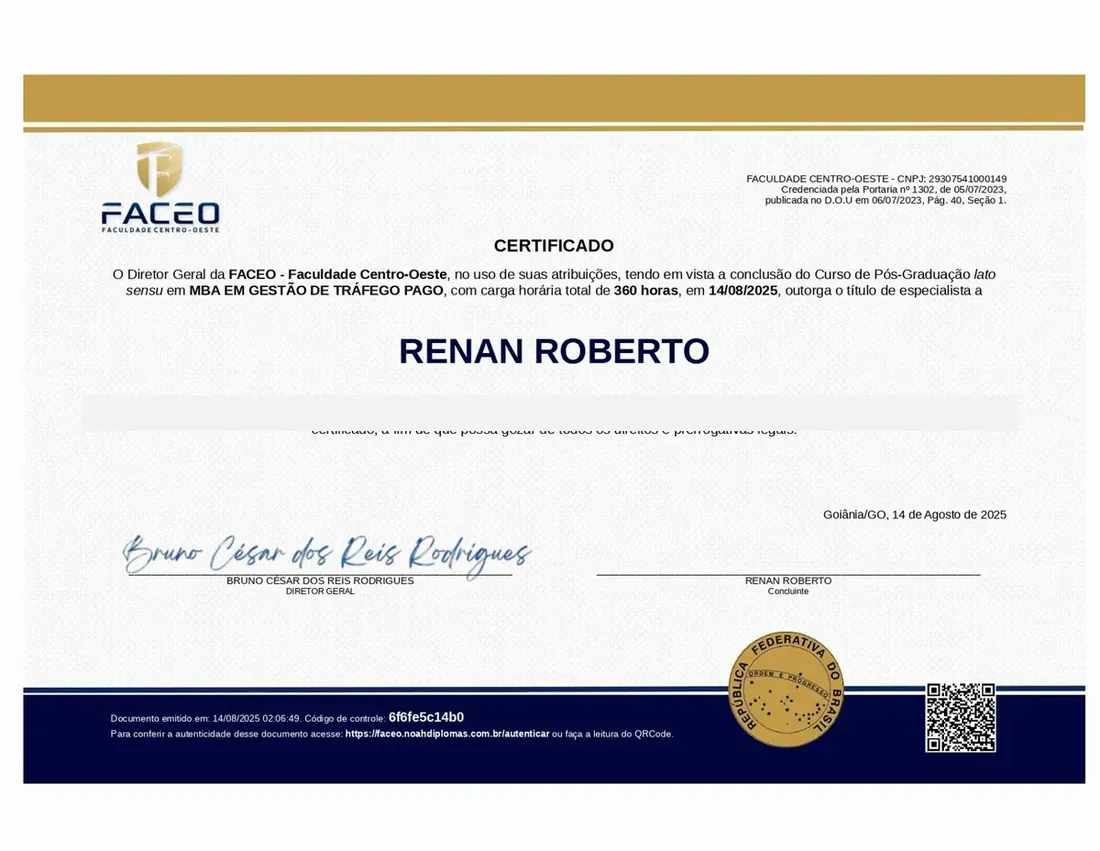Certificado do MBA em Gestão de Tráfego Pago pela FACEO, em nome de Renan Roberto